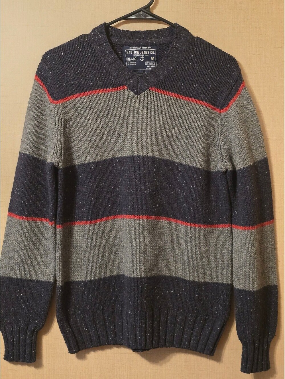 Nautica Men's Medium V-Neck Sweater Gray and Black Wool Blend Vintage Y2K Style